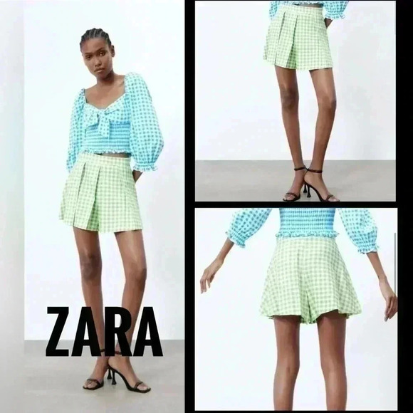 BNWOT Zara white green linen blend high rise  gingham shorts L - Picture 1 of 5
